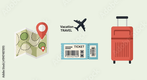 Exciting vacation travel essentials with map, plane, and luggage