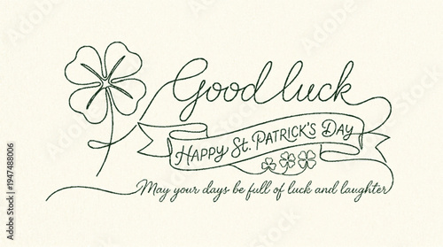 St patrick's day clover line drawing with 'good luck' and 'happy st patrick's day' banner