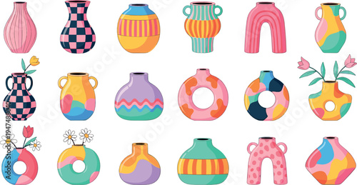 Colorful abstract ceramic vases collection with modern decorative pottery illustration set