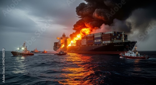 Large cargo ship on fire at sea with tugboats nearby during stormy weather conditions