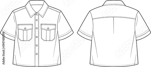 Men short sleeve utility shirt with flap pockets front and back view technical template, apparel CAD drawing flat vector illustration