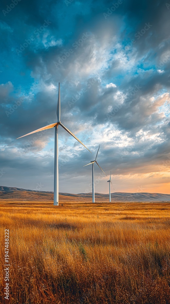 Obraz premium Wide golden field under warm evening light with three large white wind turbines perfectly aligned and evenly spaced against vivid blue to amber sky, highlighting renewable energy