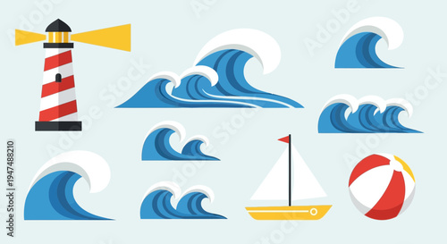 Vibrant nautical icons set with lighthouse, waves, sailboat, and beach ball