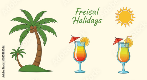 Summer vacation getaway with refreshing cocktails and palm trees