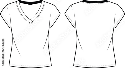 Women V neck short sleeve t shirt front and back view technical outline template, apparel CAD drawing flat vector illustration