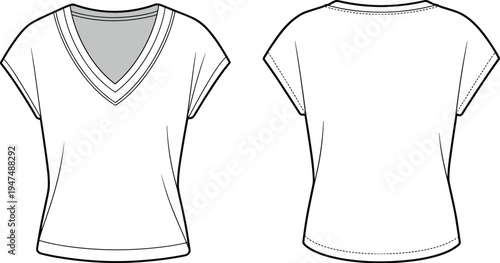 Women V neck t shirt front and back view technical outline template, short sleeve apparel CAD drawing flat vector illustration