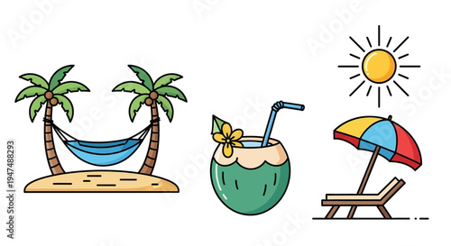 Relaxing beach scene with palm trees, hammock, and tropical drink