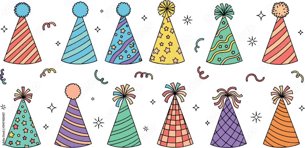 Fototapeta premium Colorful party hats collection with festive birthday cone hats confetti decorations celebration accessories flat vector illustration set