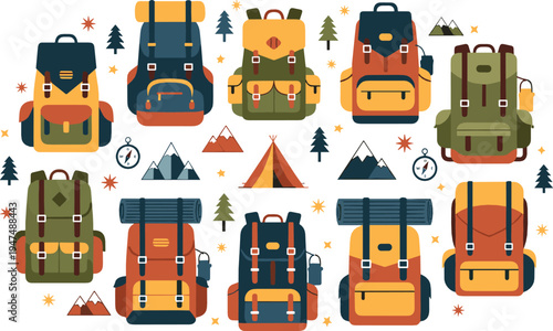 Colorful Hiking Backpack Vector Collection with Camping Adventure Elements Mountains Tent Compass Outdoor Travel Gear Illustration Set