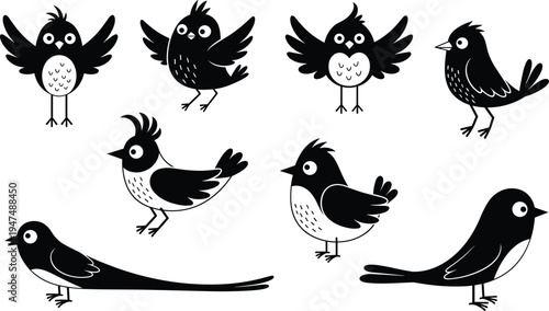 Cute bird silhouette set, cartoon avian characters in various poses, flying and standing, cad drawing flat vector illustration, isolated on white.