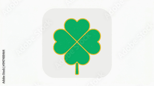 Four leaf clover icon with green leaves and yellow outline on white background for luck and good fortune