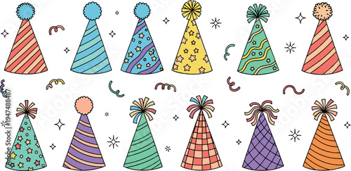 Colorful party hats collection with festive birthday cone hats confetti decorations celebration accessories flat vector illustration set