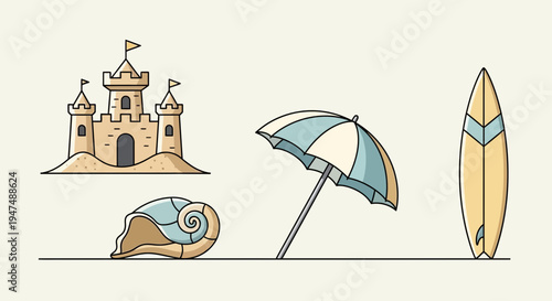 Beach vacation essentials in a charming cartoon style