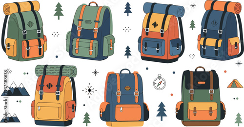 Colorful Hiking Backpack Collection Vector Illustration Set with Outdoor Travel Bags, Camping Gear, Trekking Equipment and Adventure Tourism Design Elements