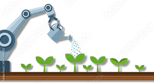 Robot watering young green plants with precision.