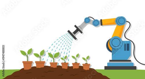 Robot watering potted plants with precision.