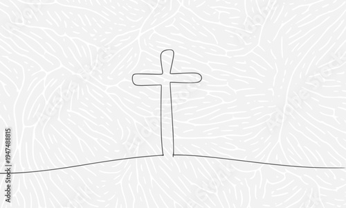 Minimalist One Line Drawing of a Christian Cross on a Hill with Flowing Wave Background Symbolizing Faith, Hope, Religion, and Spiritual Devotion