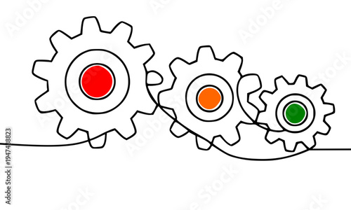 Minimalist One Line Drawing of Three Interlocking Gears with Colorful Centers Representing Teamwork, Business Workflow, Mechanical Process, and Engineering Efficiency