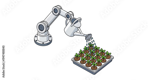 Robotic arm planting seedlings in tray.