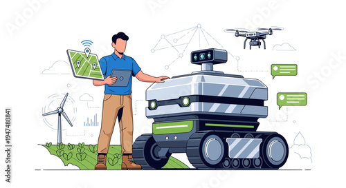 Man standing next to a robot and a drone in a field with wind turbines.