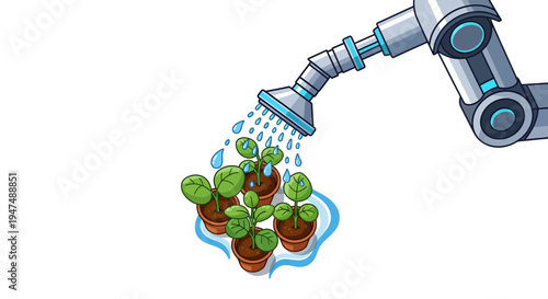 Robot watering potted green plants with shower head.