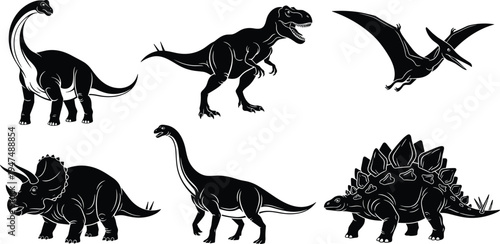 Dinosaur silhouette collection of prehistoric creatures like tyrannosaurus rex brachiosaurus pterodactyl and stegosaurus set, cad drawing flat vector illustration, isolated on white.