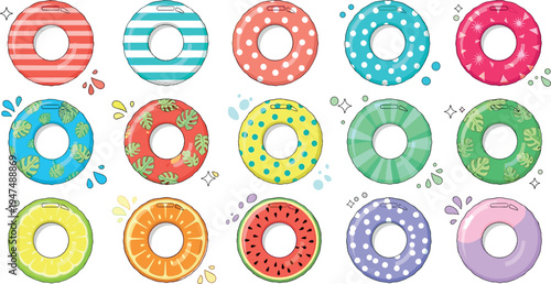 Colorful Summer Pool Float Rings Vector Set with Tropical Patterns Watermelon Citrus Polka Dots Inflatable Swim Tubes Beach Vacation Collection