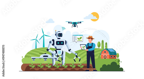 Robot assisting farmer with sustainable agriculture technology.