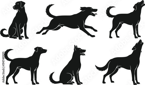 Dog silhouette collection isolated on white background, cad drawing flat vector illustration of pets in sitting, running, and howling poses.