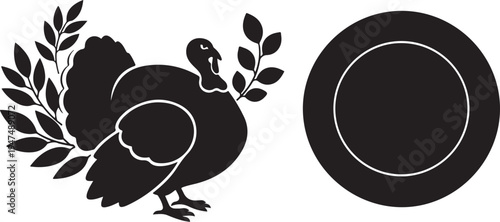 Black Turkey Icon with Laurel Leaves Decoration