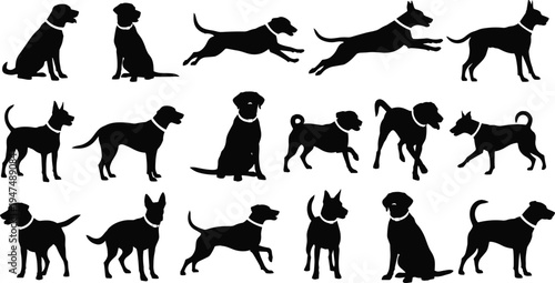 Dog silhouette vector set, pet animal icons collection, black puppy poses, labrador and terrier shapes, isolated on white background, cad.