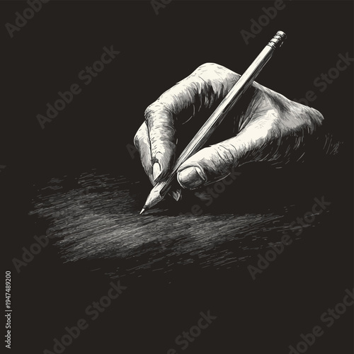 A hand holding a pencil writing or drawing on a dark surface with light strokes in monochrome art , vector style simple color