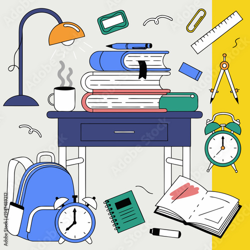 Colorful illustration of a cluttered student desk with books stationery and school supplies scattered around evoking a sense of learning and education