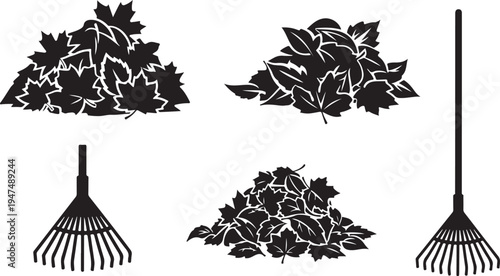 Rake and Leaves Icon Set for Gardening Tasks
