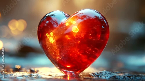 Glowing Red Heart Sculpture Reflecting Light in a Serene Natural Setting