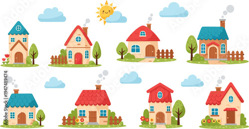 Cute Colorful Cottage House Vector Set with Chimneys, Flower Gardens, Trees, and Clouds for Home, Spring, and Outdoor Decor Themes