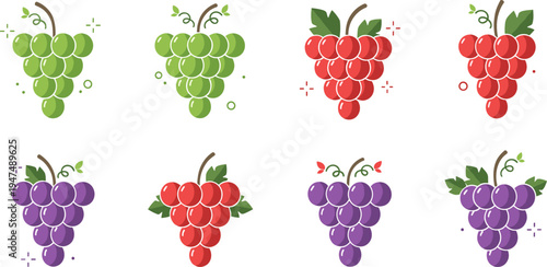 Grape Fruit Vector Set with Green, Red, and Purple Grapes in Bunches for Fresh, Healthy, and Natural Food Themes
