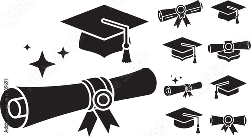 Graduation Caps and Diplomas Icon Set Black