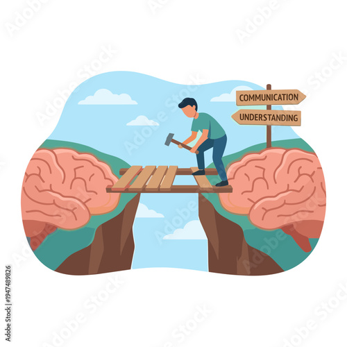 A man builds a bridge between two giant brains with a hammer and nails to symbolize communication and understanding.