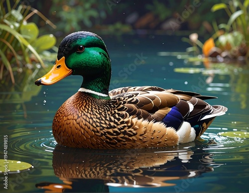 A serene mallard duck in a peaceful pond surrounded by lush greenery