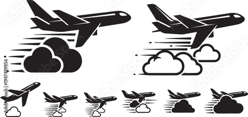 Airplane Taking Off with Clouds and Motion Lines