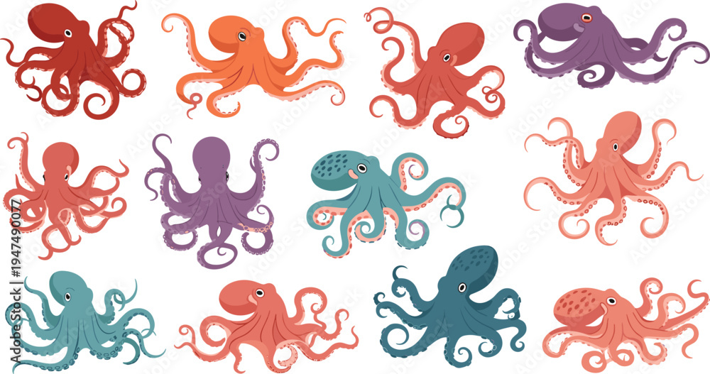 Obraz premium Octopus Vector Illustration Set Featuring Colorful Marine Cephalopods with Curled Tentacles in Different Poses for Ocean Wildlife Graphics, Aquarium Designs, and Sea Life Themes.