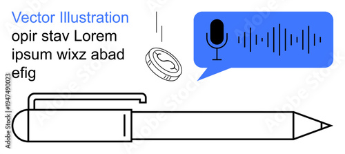 Writing, communication, digital media, content creation, transcription, brainstorming. A pen with a speech bubble containing a microphone icon and sound waves. Writing and communication concept