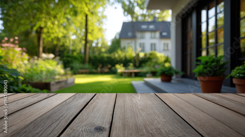 Wallpaper Mural Wooden table foreground with blurred house garden view in soft sunlight, potted plants and green lawn creating peaceful outdoor living scene Torontodigital.ca