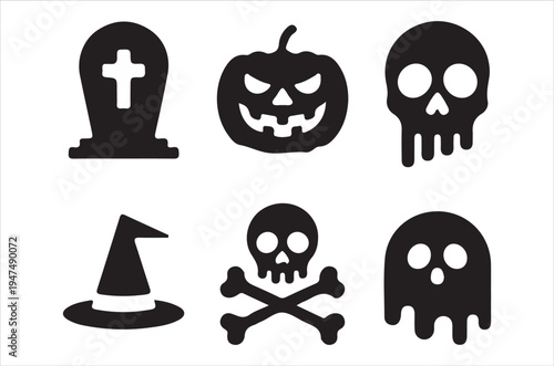 Halloween icons depicting a tombstone pumpkin and various spooky elements