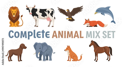 Complete Animal Mix Set Vector Illustration Featuring Lion Cow Eagle Dolphin Fox Dog Elephant and Horse in Flat Cartoon Style Isolated on White Background.