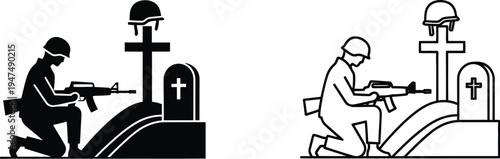 Soldier kneeling behind tombstone with cross and gun Vector