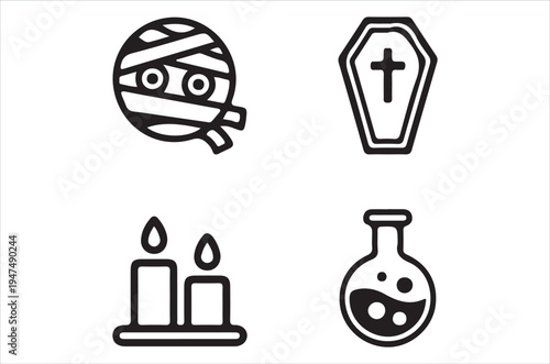 Halloween icons depicting a mummy coffin candles and potion bottle