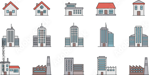 Building and Architecture Icon Set with Residential Homes, Commercial Buildings, Factories, and Skyscrapers for Real Estate, Urban Planning, and Design Projects