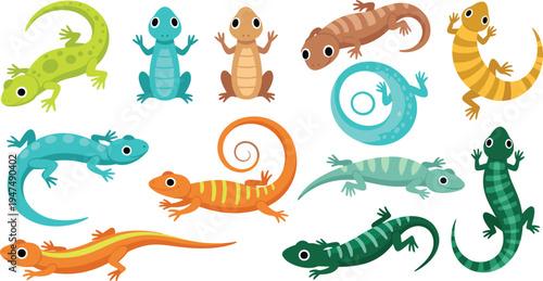 Cute Gecko and Lizard Vector Illustration Set Featuring Colorful Reptiles in Different Crawling and Standing Poses for Wildlife Nature Graphics and Kids Designs.